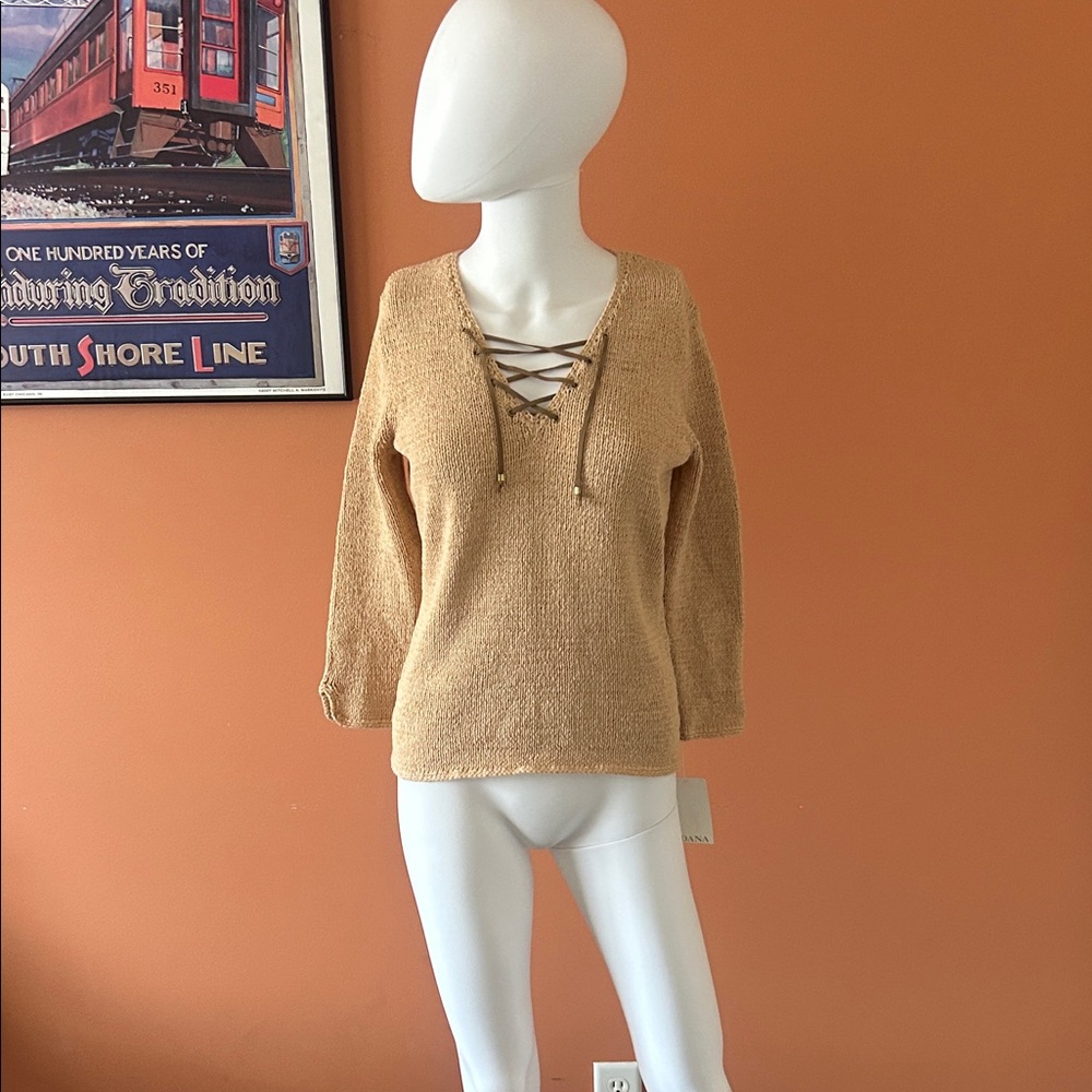 DANA BUCHMAN women’s textured tan sweater with lace-up detail